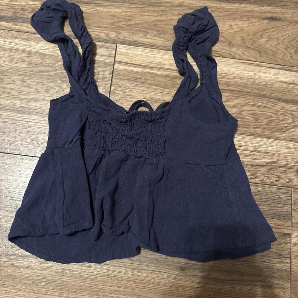 Navy Blue Ruched Strap Smocked Back Peplum Cami Top